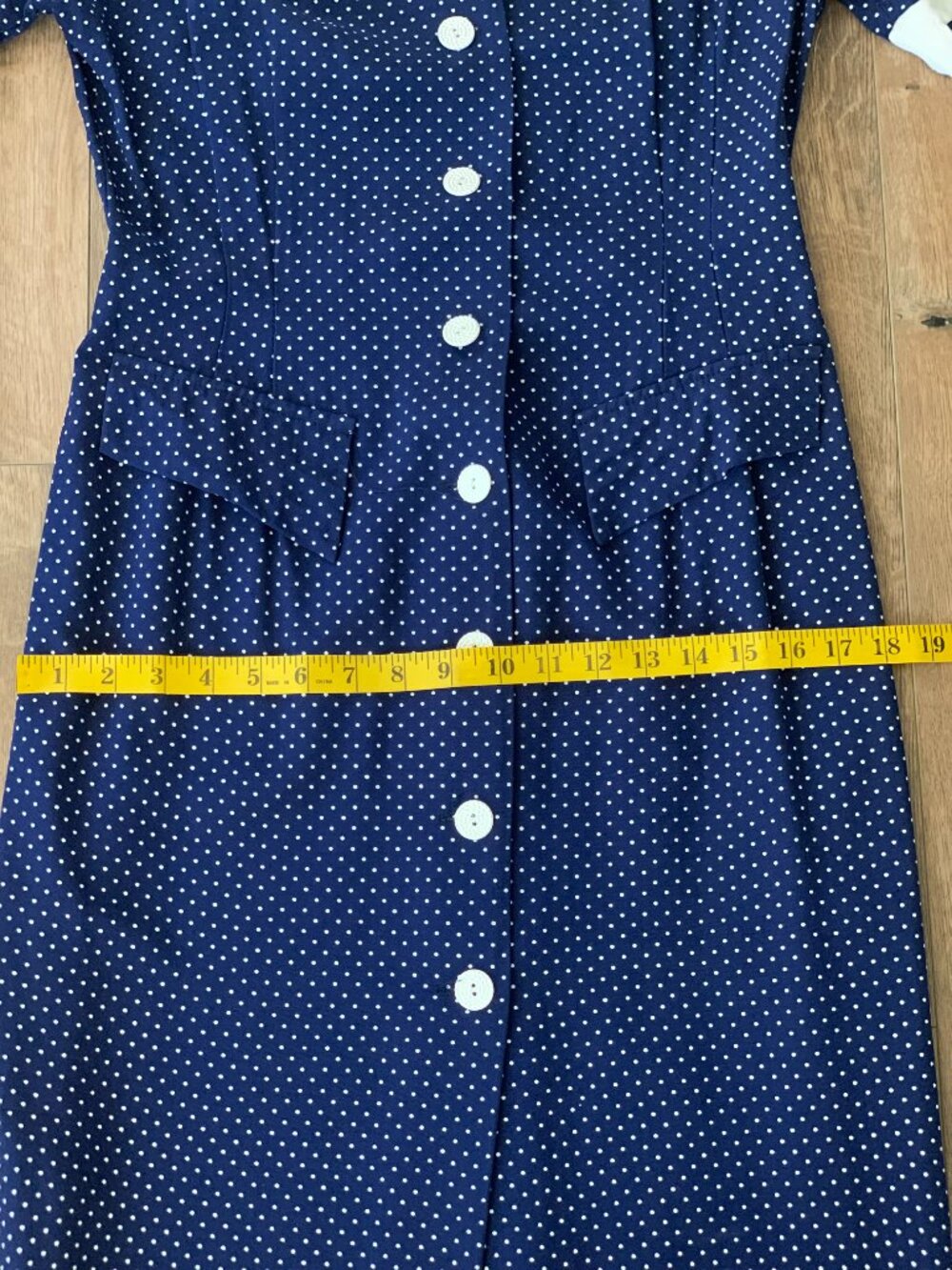 Vintage Polka Dot Shirtwaist Dress S/M Navy White Button Modest Rockabilly Pinup - Picture 14 of 16